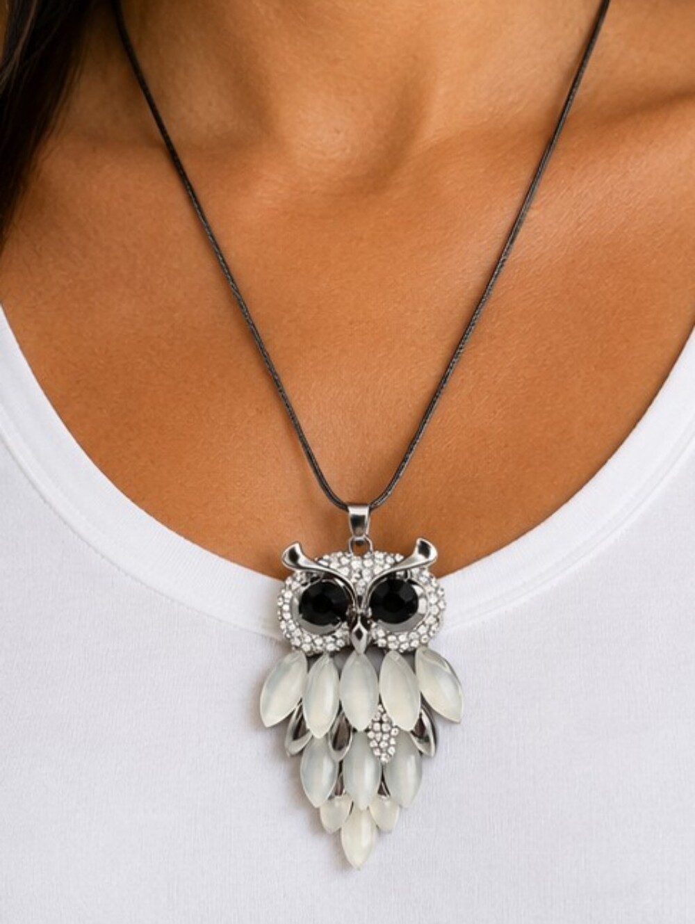 💎 Owl Pendant Necklace Silver Tone Black White Rhinestone Statement Jewelry